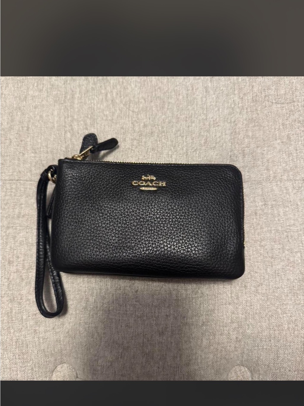 Coach Black Pebbled Leather Zip Wristlet with Gold Logo